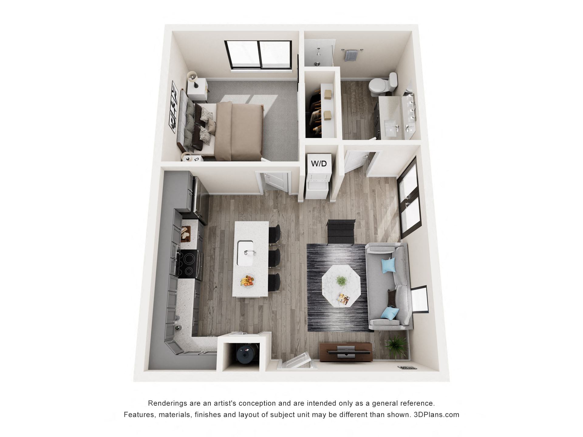 Floor plan for 1 bed, 1 bath, 558 sqft